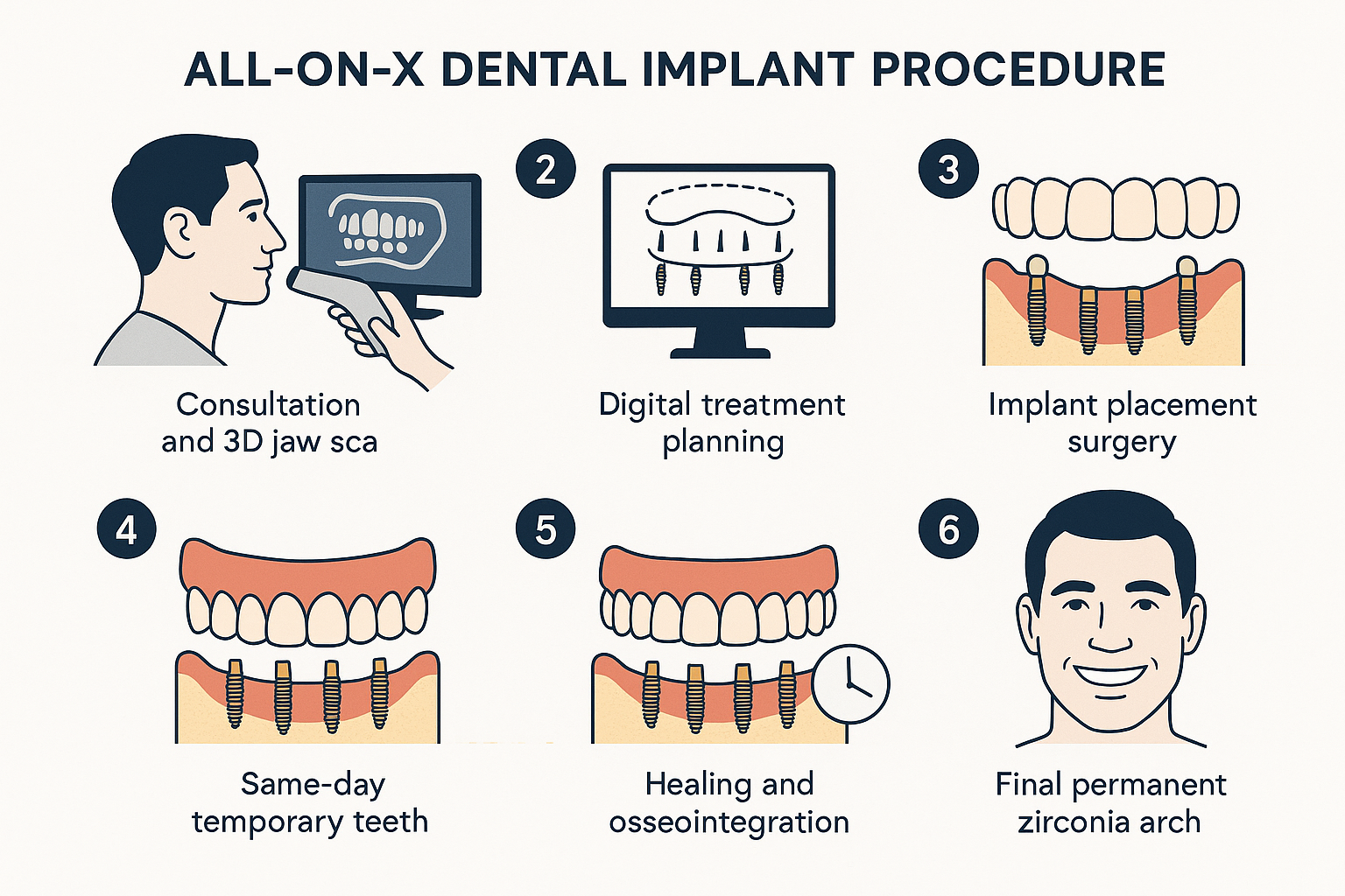 All-on-X dental implant procedure: 6 steps from consultation and planning through implant placement, temporary teeth, osseointegration, final restoration, and long-term results
