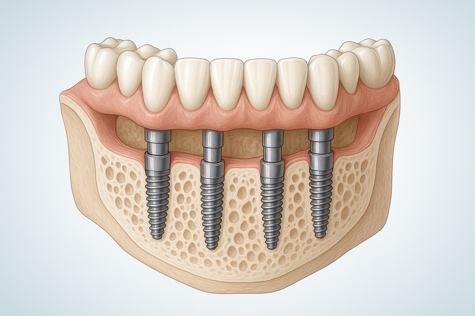 Medical illustration of full arch dental implants showing titanium posts supporting prosthetic teeth in the jaw