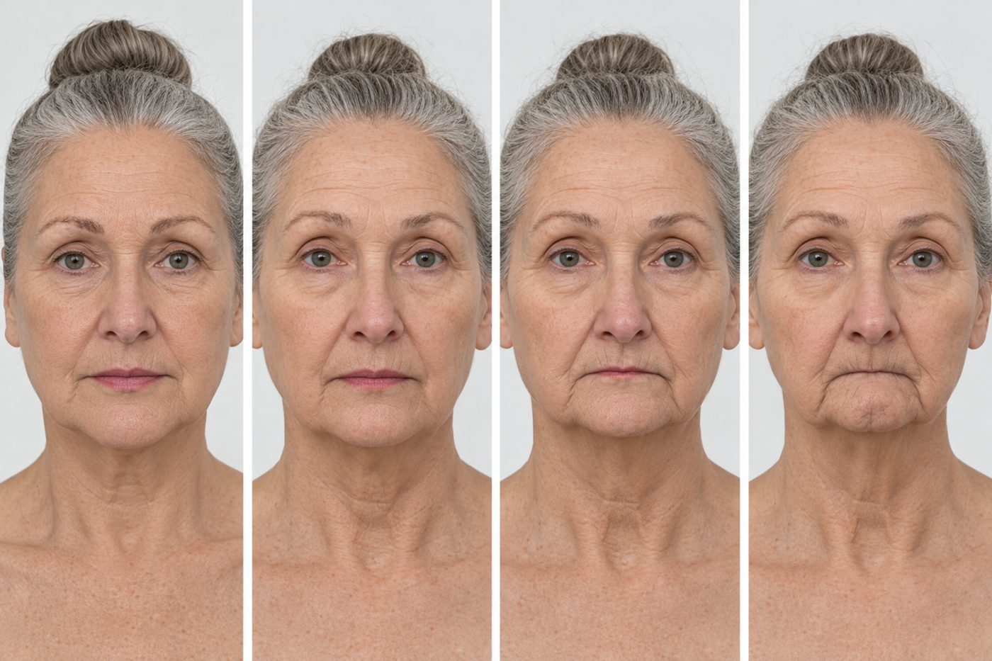 Illustration of a woman's face from the front at four stages after losing her teeth without implants, showing the lower face getting shorter and the lips rolling inward