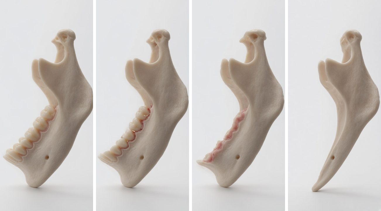 Illustration of a lower jawbone at four stages: with teeth, right after the teeth are removed, a shrinking ridge years later, and a very thin jaw after decades