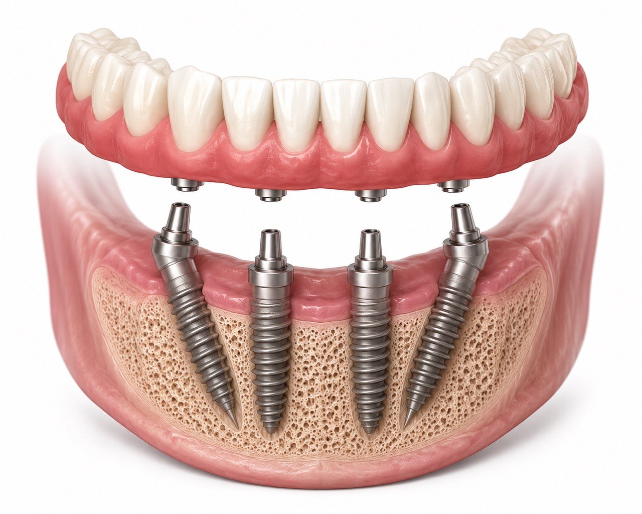 All-on-X dental implant anatomy illustration showing 4 titanium implants anchored in the jawbone supporting a full arch prosthetic