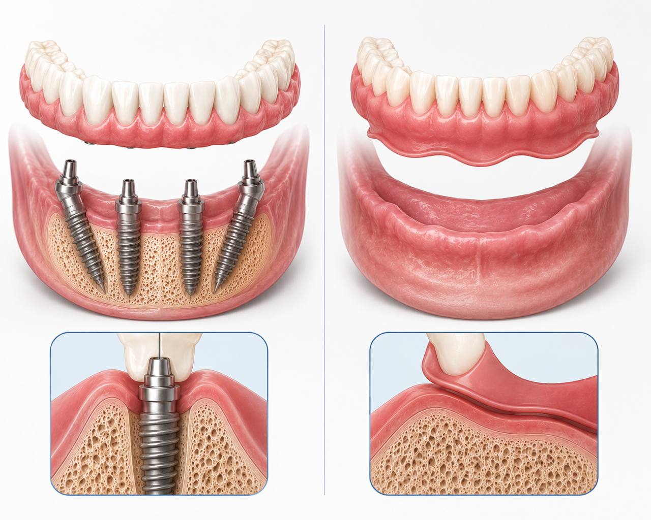 All-on-X implants vs dentures: titanium implants anchored in jawbone vs removable denture resting on gum tissue