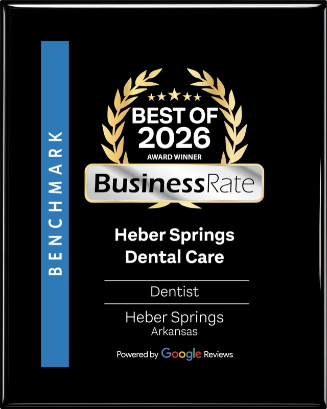 BusinessRate Best of 2026 Award Winner plaque: Heber Springs Dental Care, Dentist, Heber Springs, Arkansas, powered by Google Reviews